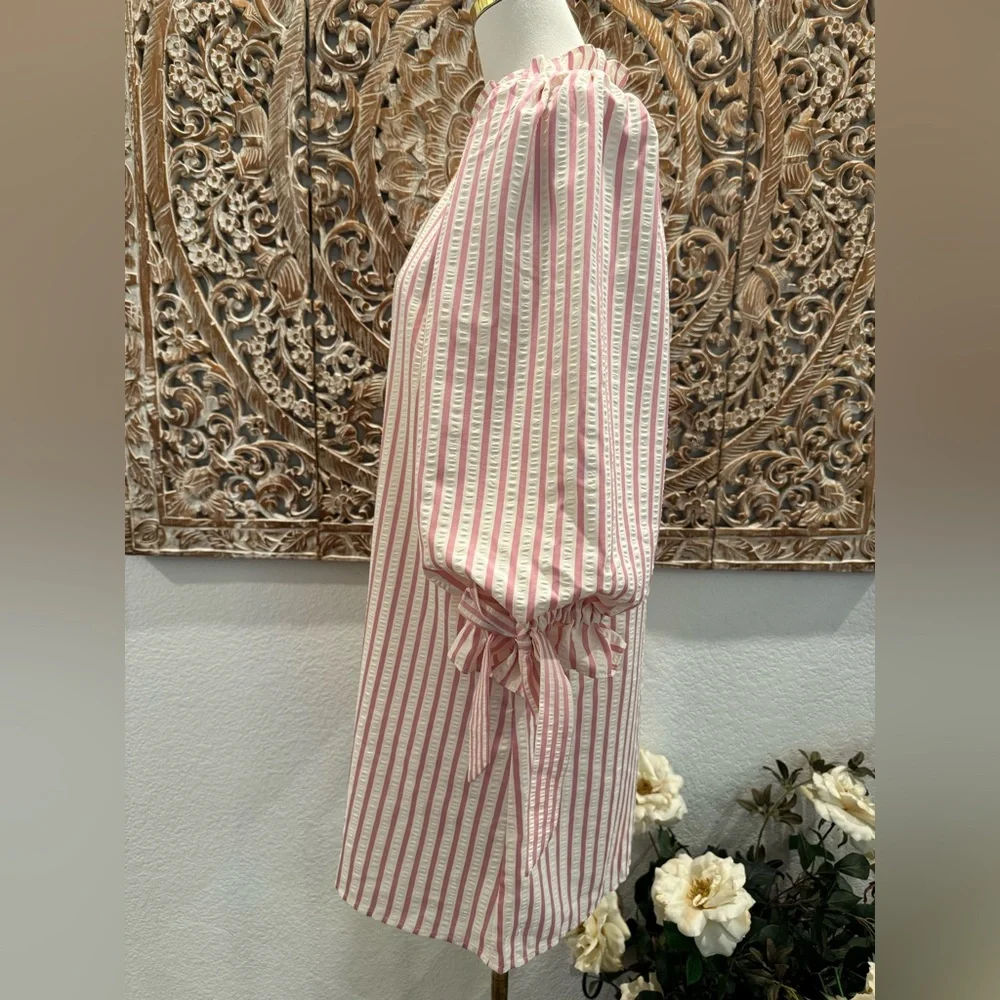 Entro White & Pink Stripe SearSucker Mini Dress, Exaggerated Balloon Sleeves - Picture 7 of 16